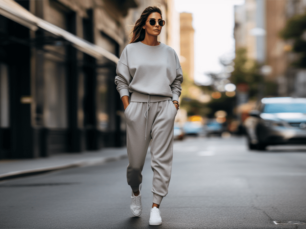 A woman casually strolls through the city, donning a grey sweatshirt set. The top hangs loosely, providing a relaxed fit, while the matching joggers offer a cohesive look. Paired with white sneakers, this outfit epitomizes the blend of comfort and urban style that sweatshirt sets have become renowned for.