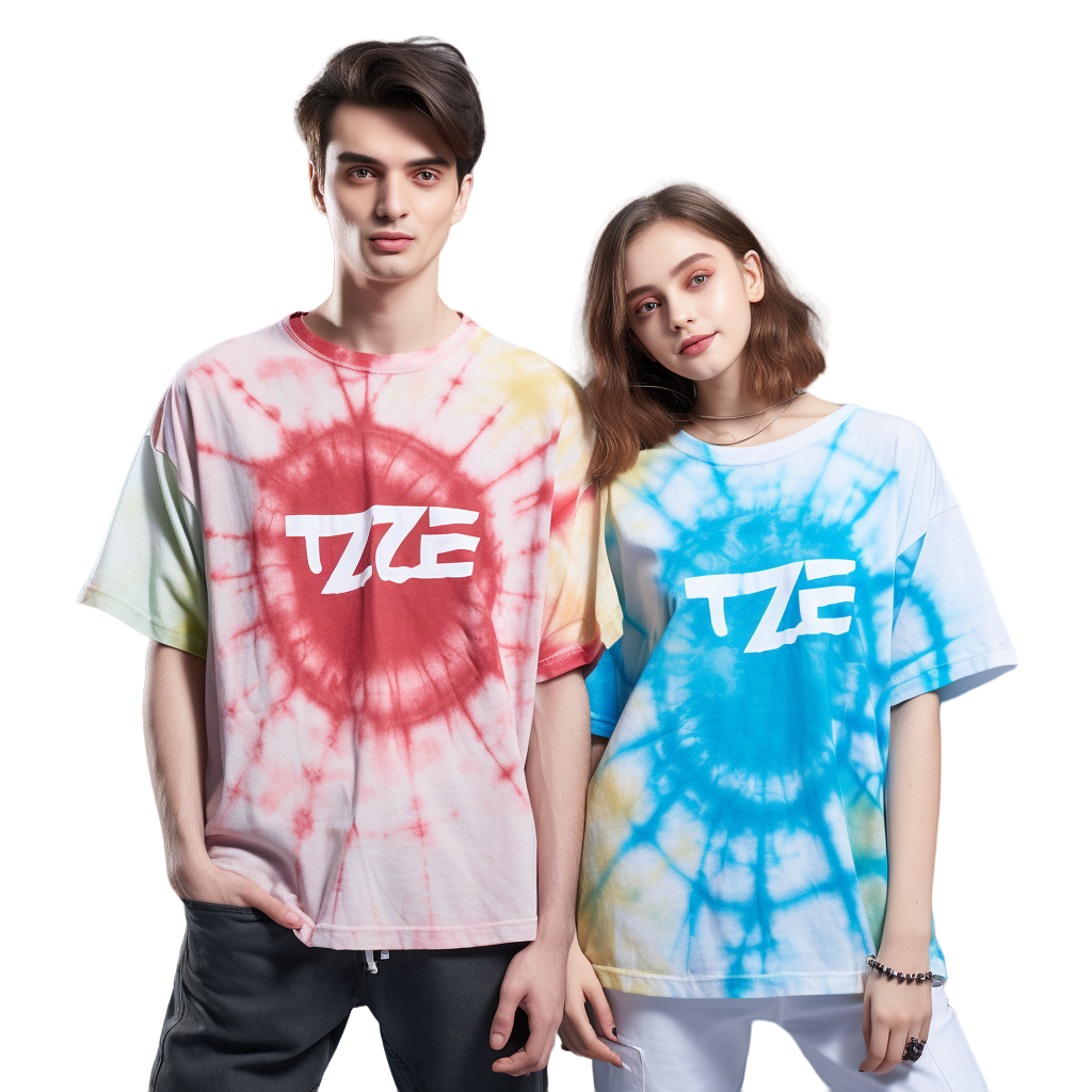 A pair of male and female models wear a printed T-shirt