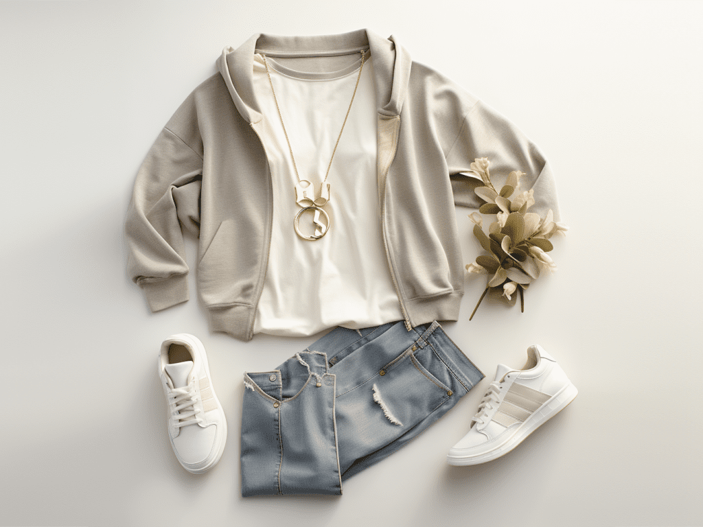 Envision a woman, basking in the gentle afternoon sun, adorned in a classic grey sweatshirt set, effortlessly elevating it with her styling choices. A pair of chunky white sneakers adds a contemporary edge, while a layered gold necklace brings a touch of refined elegance. Draped over her shoulders, a lightly distressed denim jacket introduces an additional texture, providing a chic contrast and adding depth to the ensemble. Her style encapsulates the versatility of sweatshirt sets, demonstrating that with thoughtful accessorizing and layering, a simple outfit transforms into a curated look that is both stylish and uniquely personal
