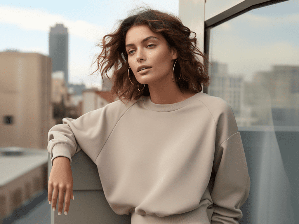 Description: Picture a woman, embodying the epitome of relaxed elegance, as she confidently steps into the world adorned in a chic sweatshirt set. The soft fabric gently caresses her skin, providing unparalleled comfort, while the modern, slightly oversized silhouette ensures she remains en vogue. Whether she's curled up with a book at home or navigating the vibrant city streets, her outfit adapts, proving that sweatshirt sets have indeed transcended their athletic roots to become a versatile, fashion-forward staple. Her style tells a story of the evolution of sweatshirt sets, illustrating that comfort and style can coexist harmoniously in a single ensemble, offering endless possibilities to express personal style and navigate various occasions with ease and flair. 