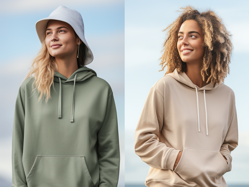 Envision a split-image that showcases two distinct styles and hoodie materials. On the left, a person is wearing a classic cotton hoodie, perhaps in a neutral color or a timeless design, strolling through a casual, everyday setting, symbolizing the versatility and timeless appeal of cotton. On the right, an individual is donned in a sleek, polyester hoodie, possibly with a vibrant or technical design, actively engaged in a sporty activity, reflecting the performance-oriented and modern vibe of polyester or blend materials. This visual dichotomy effectively communicates the alignment of material choice with one's style and activities.
