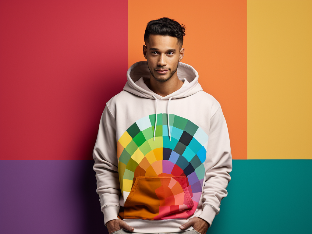 A boy is wearing a printed hoodie