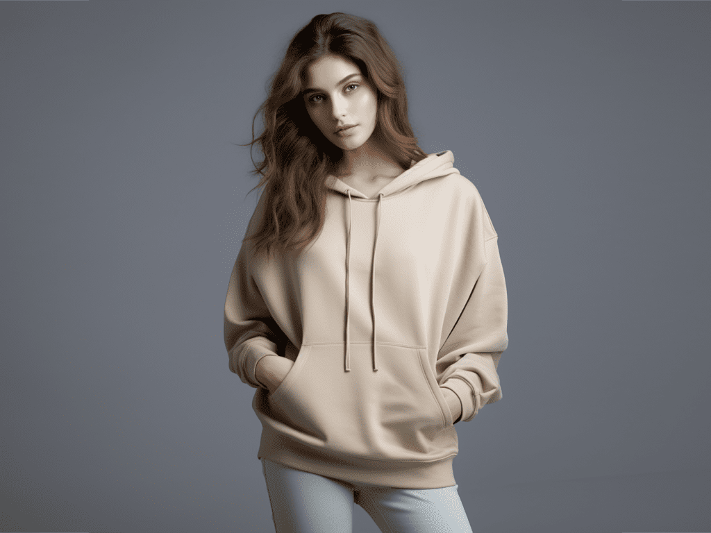 Classic Oversized Hoodie in Neutral Color: This image features a classic oversized hoodie in a neutral color, showcasing the relaxed and comfortable fit. The oversized silhouette gives the wearer an effortlessly cool and laid-back vibe, making it perfect for cozy days or lounging around. It pairs harmoniously with slim-fit jeans for a balanced look.