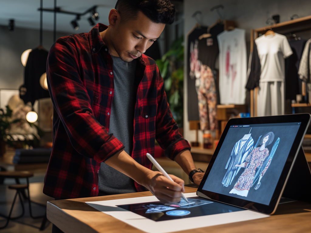 Design Concept: This image portrays a creative workspace with a designer sketching a t-shirt design on a tablet. It symbolizes the initial stage of turning ideas into a visual concept, highlighting the importance of design in the customization process.