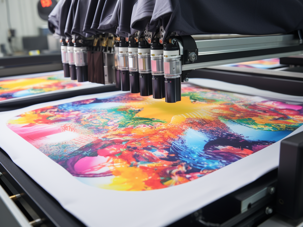 Digital Printing Process: This image illustrates the digital printing process in action. It shows an inkjet printer precisely applying ink to a t-shirt, reproducing a highly detailed and colorful design. The digital printer showcases the capability to print intricate patterns, photorealistic images, and gradient effects with precision.