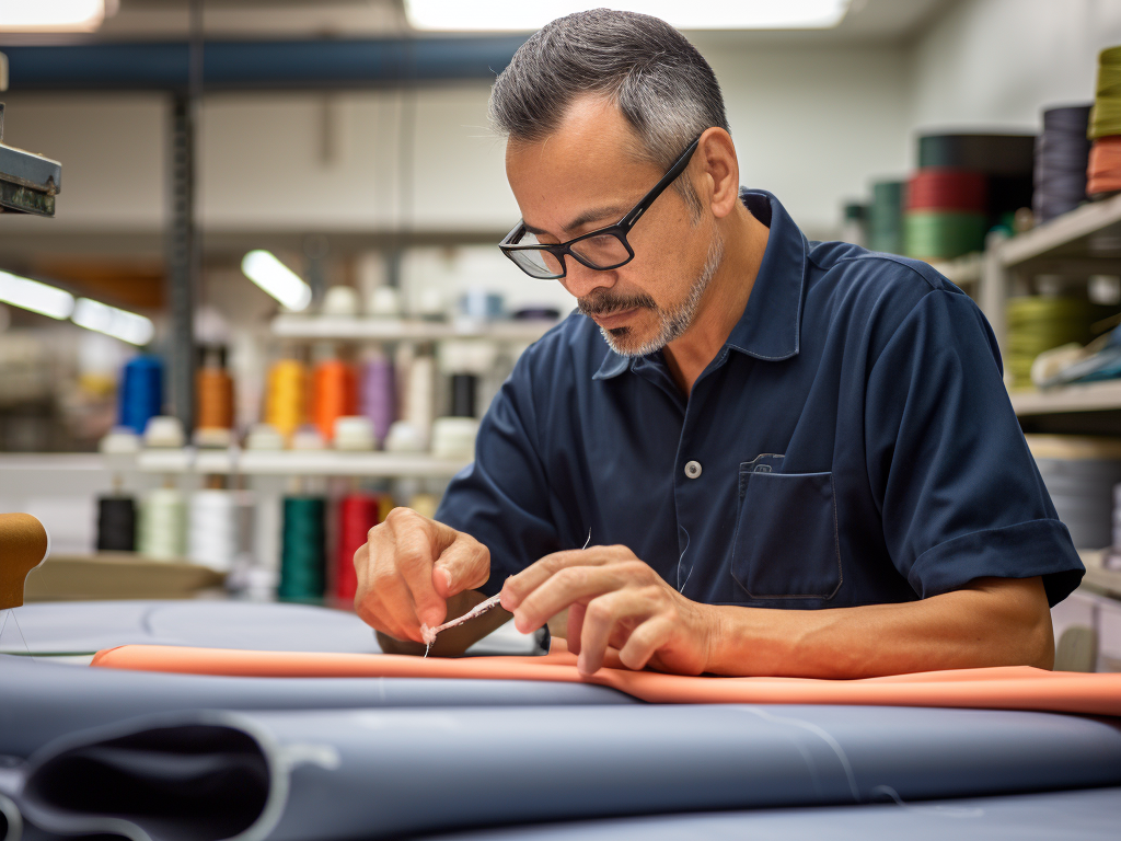 Fabric Inspection: In this image, a quality control expert at a t-shirt manufacturing facility is meticulously inspecting a roll of fabric. They are looking for defects, imperfections, and ensuring that the fabric is of the highest quality before it's used for production. This image portrays the dedication to quality at every stage of the manufacturing process. 