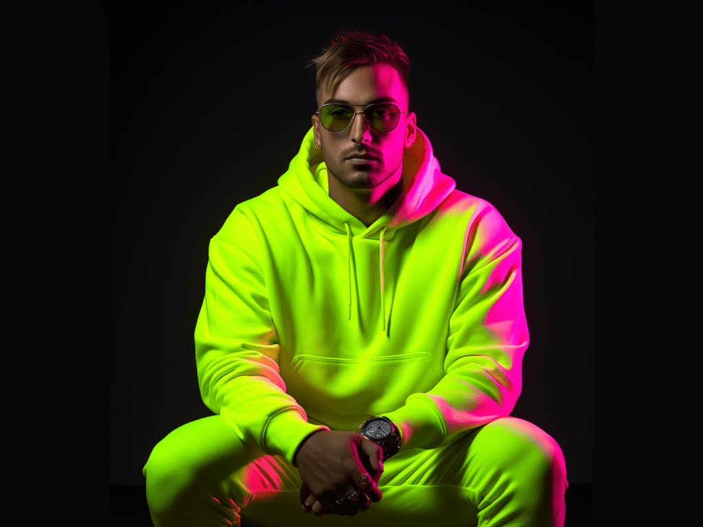 Vibrant Neon Hoodie: This image showcases a vibrant neon hoodie in a striking fluorescent color. The hoodie is bold and eye-catching, making a vibrant statement in any outfit. It illustrates the impact of neon colors in fashion, perfect for those who want to stand out.