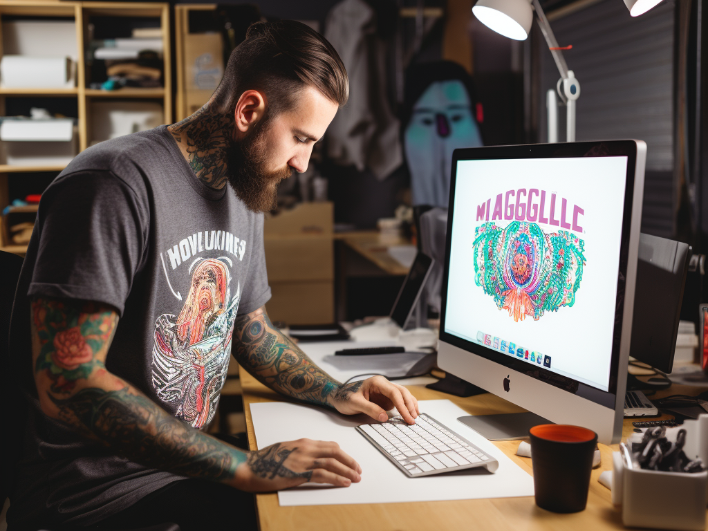 Unique Design Creation: In this image, a graphic designer is shown working on a custom t-shirt design on a computer. It exemplifies the creative freedom to design and customize your t-shirt with unique artwork, logos, or graphics that resonate with your individuality.