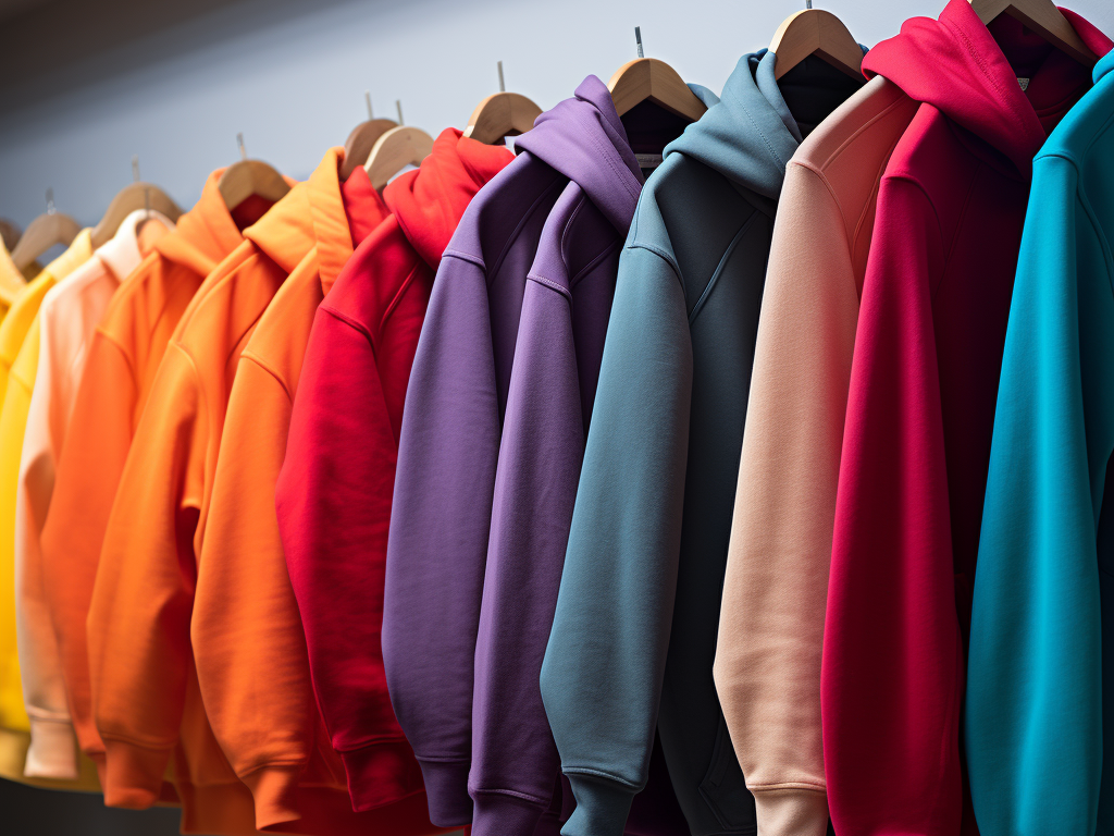 Imagine a visually appealing array of various hoodies spread out, each representing a different style and design from a manufacturer's collection. From the left, there are classic, minimalist hoodies in neutral tones, gradually transitioning to the right side that showcases bold, vibrant hoodies with eclectic patterns and vivid colors. This image represents the diverse design options a quality manufacturer should provide, catering to a wide range of customer preferences and ensuring that every individual can find a piece that resonates with their personal style. It symbolizes the importance of variety in a manufacturer's offerings, ensuring they cater to both classic and contemporary tastes.