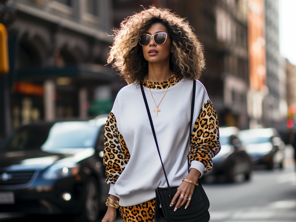 Imagine a woman confidently stepping through a bustling cityscape, adorned in a sweatshirt set boasting a vibrant, bold leopard print. The top, slightly oversized, cascades nonchalantly over the matching joggers, creating a look that is both audacious and effortlessly chic. Paired with a pair of stark white sneakers and a simple black crossbody bag, she embodies a spirited and playful approach to fashion, demonstrating that sweatshirt sets, with their myriad of patterns and designs, have become a canvas for personal style and expressive sartorial choices.
