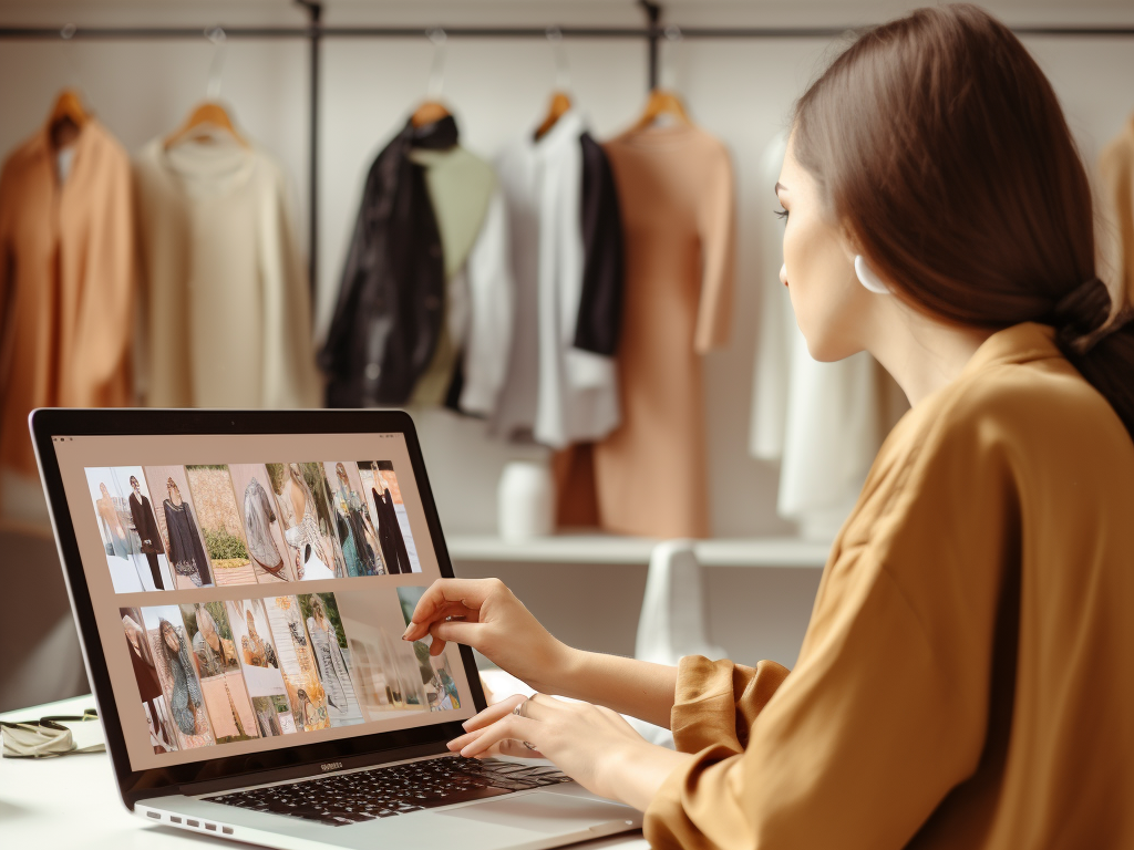 Imagine an image illustrating a person sitting at a desk with a laptop open, engaged in a video call with a clothing manufacturer.