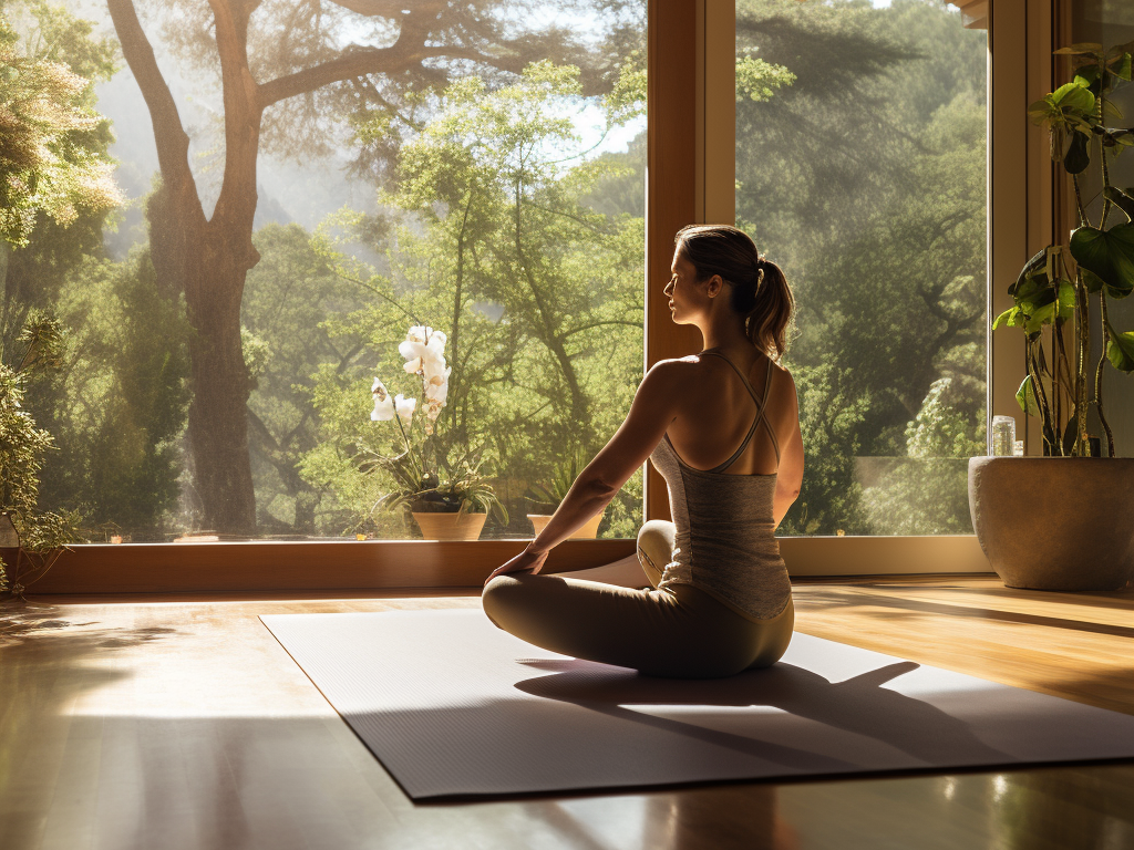 Imagine an image of a serene yoga studio bathed in soft, natural light, with large windows overlooking a lush garden or tranquil landscape. 