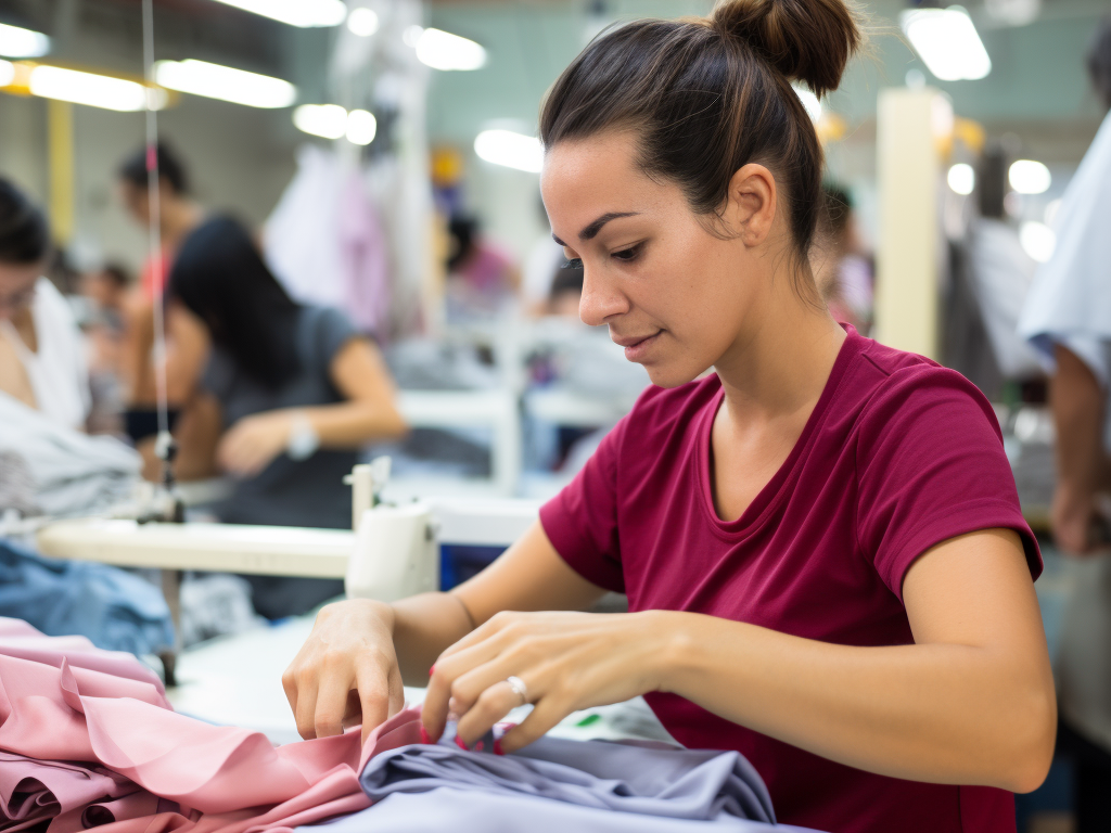 Imagine an image that showcases a team of skilled artisans and professionals working diligently in a well-established yoga clothing manufacturing facility.