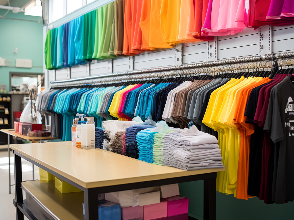 In a bright and organized T-Shirt Factory store in Ocean City, a wall displays a palette of various t-shirt colors, ranging from pastel hues to deep jewel tones. Adjacent to it, fabric swatches are laid out, showcasing different material types, including cotton, polyester blends, and more. A digital kiosk stands nearby, where customers can virtually adjust design placements on a mockup t-shirt. A few customers, visibly engrossed, toggle between the options, while a shirt, custom-designed with an asymmetrical logo placement, is showcased as an example. The whole setup emphasizes the endless possibilities of personalization, allowing every individual to craft their unique statement piece.