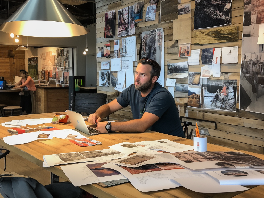 In a cozy and well-lit T-Shirt Factory studio in Ocean City, a customer sits across a wooden table covered with sketches and design templates, engaging in animated conversation with a designer. The designer, equipped with a digital tablet, sketches a rough design inspired by the customer's description, showcasing iconic Ocean City landmarks. A mood board is placed next to them, pinned with various Ocean City photographs, typography styles, and color swatches. As they converse, the customer points towards a specific photograph, emphasizing a particular memory, while the designer nods, understanding the significance. The atmosphere is filled with creativity and collaboration, highlighting the essence of personalized design consultations.