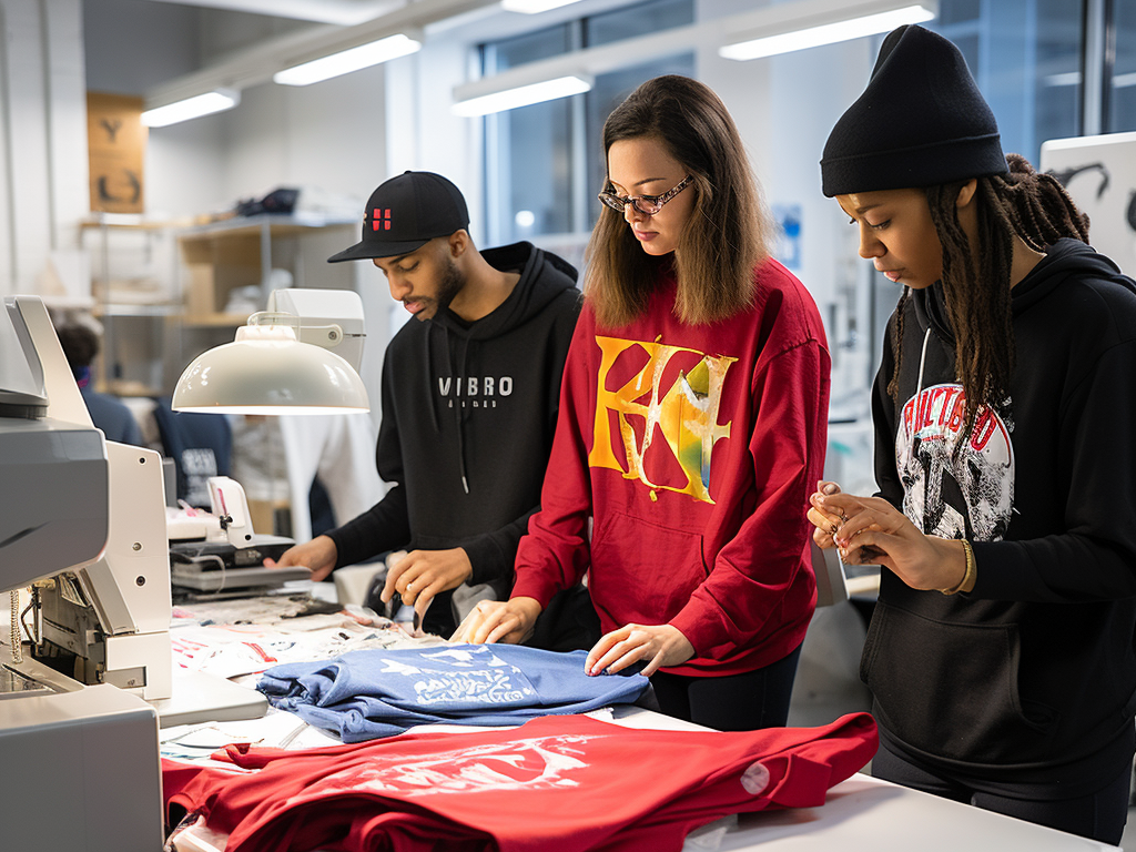 In a modern design studio, various hoodie samples showcasing different printing and embroidery techniques are displayed on mannequins. On one side, a table holds sample fabrics with screen printing, direct-to-garment printing, and embroidery examples. A designer points to a hoodie with an embroidered logo, explaining the technique to a client, while another staff member operates a screen printing machine in the background. Nearby, a monitor displays customer reviews praising the manufacturer's guidance and quality of work. The environment captures the importance of selecting the right method to best represent a brand's artwork or logo.