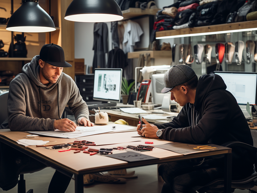 In a well-lit design studio, a brand representative and a hoodie manufacturer sit across from each other at a sleek wooden table. They're both engaged in a conversation, with fabric swatches, design sketches, and a laptop scattered across the table. The brand representative points to a specific design detail on a sketch, while the manufacturer nods and takes notes. A large screen behind them displays a video call with another team member showing a hoodie sample. Both parties appear focused and collaborative, highlighting the importance of clear communication. The atmosphere suggests a harmonious partnership between the brand and the manufacturer.