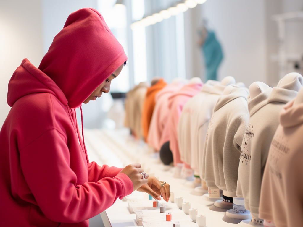 In a well-lit, minimalist showroom, a row of diverse custom hoodies is displayed on mannequins. The front-most mannequin sports a hoodie with intricate embroidered designs, emphasizing the manufacturer's attention to detail. Nearby, a designer carefully inspects another hoodie, her fingers running over the stitching and fabric, examining its quality. On a white table, fabric swatches are spread out, showcasing a range of materials, alongside a magnifying glass used to scrutinize the fine details. Against the wall, a digital screen displays a slideshow of previous custom works, highlighting the brand's diverse portfolio. The scene reflects the meticulous evaluation process and the emphasis on quality and craftsmanship in custom hoodie production.