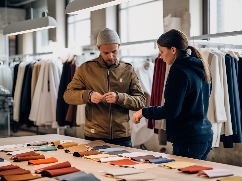 In a well-lit showroom, various fabric swatches are neatly displayed on a large wooden table. Each swatch is labeled, indicating its composition and properties. An attentive manufacturer representative points towards a heavy-duty fabric swatch, engaging in a discussion with a brand executive. Behind them, a wall showcases various hoodies made from different materials, each tagged with its respective price. A nearby chart compares the cost and benefits of each fabric type. The scene emphasizes the crucial link between fabric choice, quality, and budget considerations.