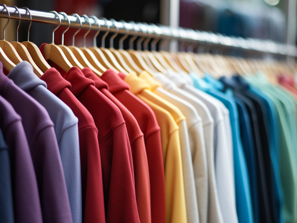 In the image, there is a collection of zip-up sweatshirts displayed on a rack. The sweatshirts come in various colors and styles, showcasing their versatility and convenience. Some have high collars that can be zipped up for added warmth, while others have a more relaxed and folded-down collar style. The zip-up design allows for easy on and off, making them suitable for different weather conditions and layering options. The background is plain and neutral, emphasizing the variety of zip-up sweatshirt choices available.