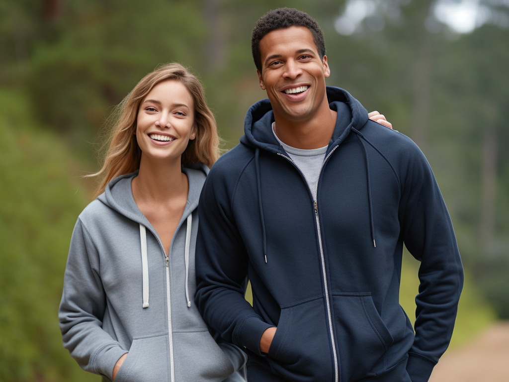 In the image, there is a male and a female wearing comfortable hooded sweatshirts. The male is wearing a dark blue zip-up hoodie with the drawstrings loose and hanging over his shoulders, appearing to enjoy outdoor time. The female is wearing a gray zip-up hoodie, with the hood pulled up to stay warm and casual. Both individuals in their hooded sweatshirts showcase the fashion and practicality of hoodies suitable for various occasions and seasons. The background of the image is an outdoor natural landscape, emphasizing the theme of outdoor activities.