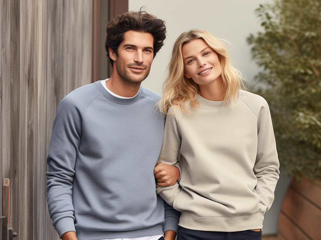 In the image, there is a man and a woman wearing crewneck sweatshirts. The man is wearing a navy blue crewneck sweatshirt paired with jeans, giving him a casually stylish appearance. The woman is wearing a light gray crewneck sweatshirt with a pair of black leggings, creating a comfortable and chic look. Both individuals showcase the classic and versatile style of crewneck sweatshirts suitable for various fashion choices and settings. The background is neutral, allowing the focus to remain on the sweatshirt styles.