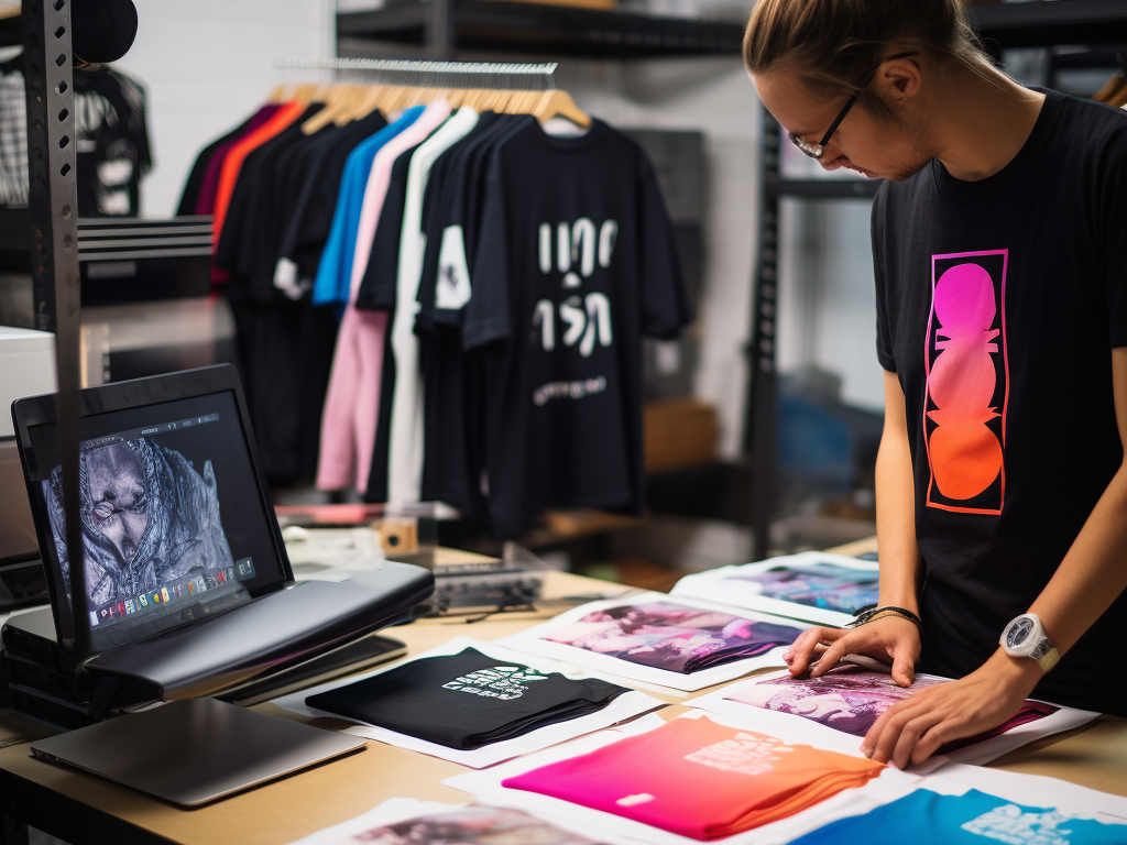 In this image, a designer or artist is using digital design software to create mockups of their t-shirt designs. They are carefully selecting colors, typography, and graphics to showcase their designs in a visually appealing and realistic manner. These mockups are an essential part of marketing and promoting t-shirt designs as they allow designers to present their creations to potential customers or clients in a professional and engaging way. The goal is to effectively communicate the design's concept, style, and fit to generate interest and sales.