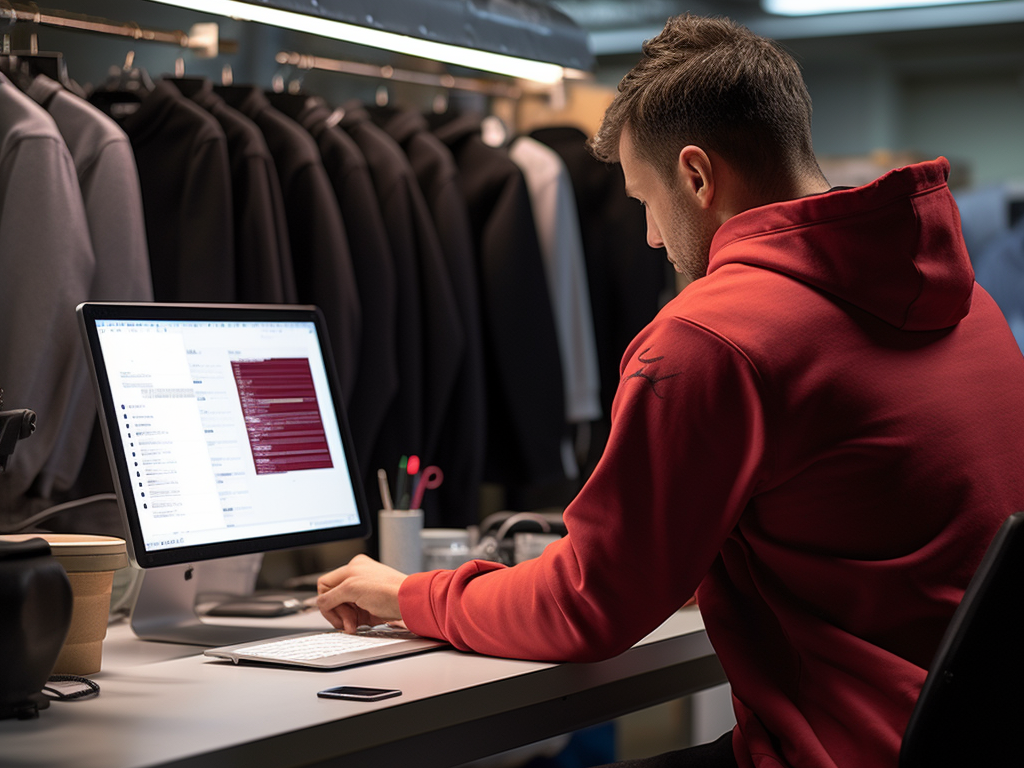 Inside a modern office setting, a brand executive is seen carefully examining a detailed order form on their computer screen. Nearby, laid out on a desk, are various hoodie samples, fabric swatches, and design mock-ups. A digital tablet next to the computer displays a confirmation page with a hoodie design, and a checklist with items like "design approved," "fabric selected," and "quantity confirmed." The office setting, combined with the meticulous arrangement of materials, illustrates the final stages of a thorough decision-making process, just before confirming a significant order with a manufacturer.