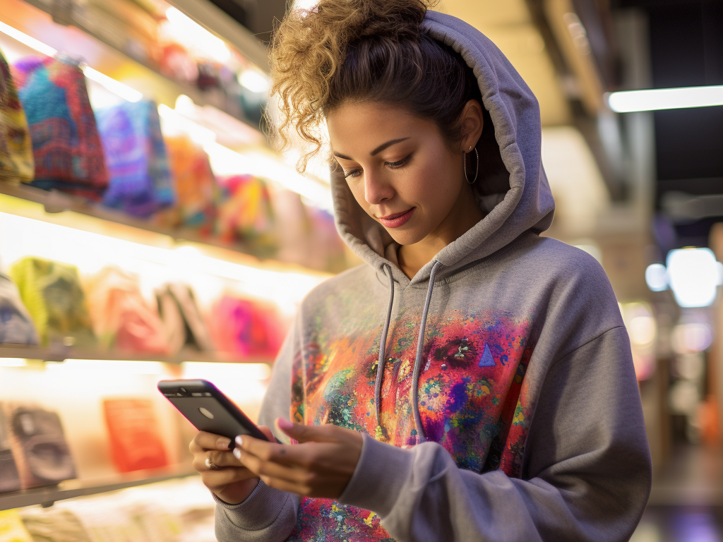 Picture a discerning consumer, her eyes meticulously scanning over a vibrant printed sweatshirt, pondering its journey through numerous washes and wears. Her fingers gently caress the fabric, while her mind navigates through considerations of its durability, pondering whether its vibrancy will stand the test of time. Simultaneously, her smartphone illuminates with customer reviews and brand stories, guiding her through the reputations and promises of various brands. This moment encapsulates a blend of thoughtful consideration and digital exploration, where the durability of printed designs and the reputation of brands intertwine, steering her towards making a choice that ensures her expressive apparel remains a lasting staple in her wardrobe