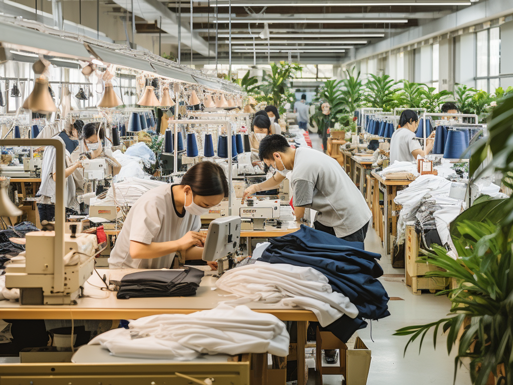 Picture a serene and orderly manufacturing unit at Modaknits, where the emphasis on sustainability and ethical practices is palpable. The materials, neatly stacked, are tagged with labels indicating their sustainable and ethical origins. In a well-lit, spacious, and clean production area, workers are seen engaged in the meticulous crafting of hoodies, with a clear focus on ensuring every piece is made with precision and care. A wall poster elucidates the brand’s commitment to sustainability, highlighting key practices like responsible sourcing and eco-friendly manufacturing processes. The atmosphere is one of harmony, where the well-being of workers, quality production, and environmental consciousness coexist, reflecting Modaknits' dedication to producing premium hoodies while upholding values of sustainability and ethical production.
