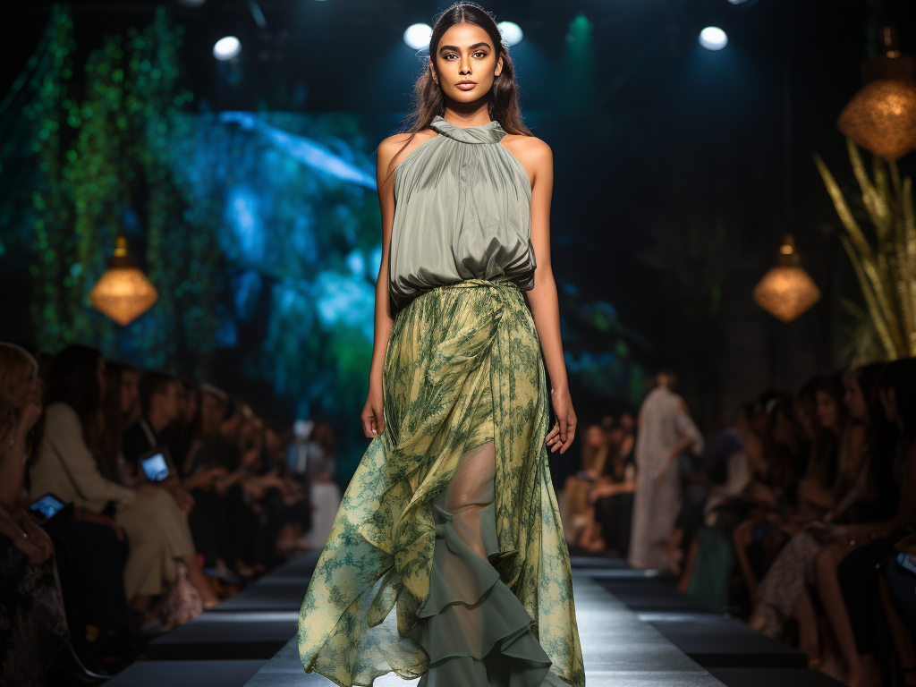 Picture a vibrant runway, illuminated by the soft, ethereal glow of spotlights, where models adorned in Seam Apparel's creations gracefully stride, showcasing a tapestry of innovative designs that seamlessly meld classic and contemporary aesthetics. Each garment tells a story of meticulous craftsmanship, ethical production, and a profound respect for sustainability, embodying the brand’s pioneering spirit in the fashion industry. The audience, a blend of fashion enthusiasts and industry experts, watches intently, reflecting the brand’s widespread influence and its ability to captivate and inspire through its unwavering commitment to innovation, sustainability, and excellence in design.