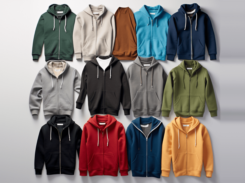 Picture a visually engaging guide that showcases a variety of hoodies made from different materials, each one representing its unique properties. On one side, a lightweight cotton hoodie gently flutters in a summer breeze, symbolizing its suitability for warmer weather. Adjacent to it, a thick, plush hoodie provides a shield against a depicted winter chill, illustrating its heavy-duty nature. Various fabrics like classic cotton, sleek technical materials, and cozy alternatives are displayed with brief, accompanying text that hints at their respective features, such as softness, durability, and style. The guide serves as a visual journey through the myriad of options available, aiming to simplify the selection process for the viewer, ensuring both their comfort and style are catered to in their next hoodie purchase.