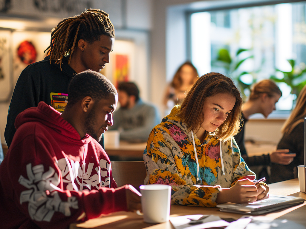 The image captures a moment in a sunlit room where a young individual is wearing a freshly printed hoodie with a vibrant design. They're examining the design in a full-length mirror, while a friend, who's sipping coffee, provides feedback. On a nearby table, various hoodie samples are folded, showcasing different designs. The background is abuzz with a few people discussing and pointing towards aspects of the designs, highlighting the importance of feedback and real-world testing of the design's impact.
