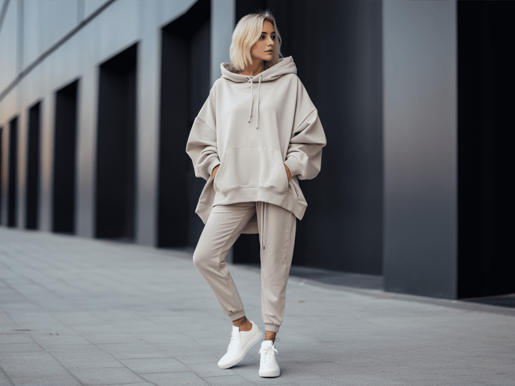 The image depicts a fashion-forward individual wearing an oversized sweatshirt. The oversized sweatshirt drapes loosely over their body, creating a relaxed and comfortable look. The sweatshirt is styled in a trendy manner, showcasing the versatility of this fashion choice. The person has paired the oversized sweatshirt with leggings and sneakers, creating a casual yet fashionable ensemble. This image highlights how oversized sweatshirts have become a popular choice for those who want to stay comfortable while making a stylish statement in their everyday outfits. 