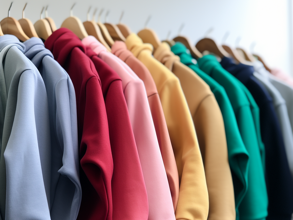 The image depicts a selection of zip-up sweatshirts displayed neatly, highlighting the convenience and style they offer as part of contemporary fashion.