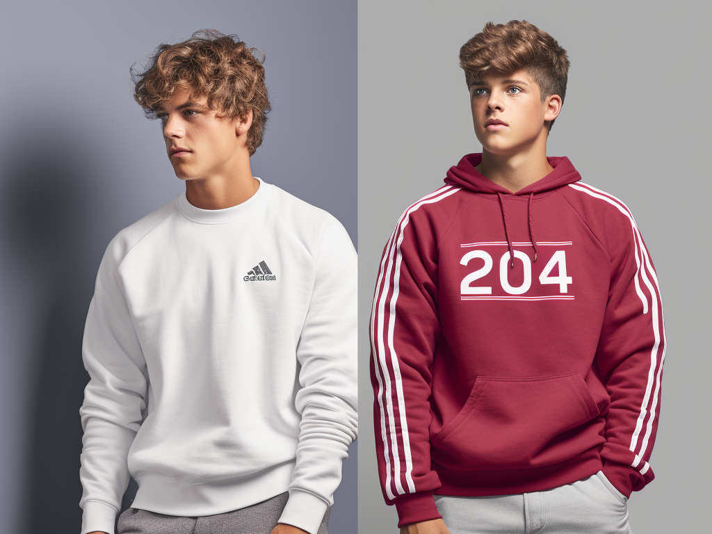 The image displays a timeline of sweatshirt evolution. On the left, a black and white photo depicts a 1930s athlete wearing a simple, form-fitting sweatshirt while training. Moving rightward, the timeline showcases a 1970s youth donning an Adidas sweatshirt, radiating the era's signature style. Next, a 1980s teen is seen flaunting a colorful Nike sweatshirt with a noticeable logo. The timeline concludes on the right with a modern-day fashionista, wearing a chic, oversized sweatshirt with intricate designs and patterns. This visual progression encapsulates the sweatshirt's journey from a basic athletic wear to a versatile fashion staple.