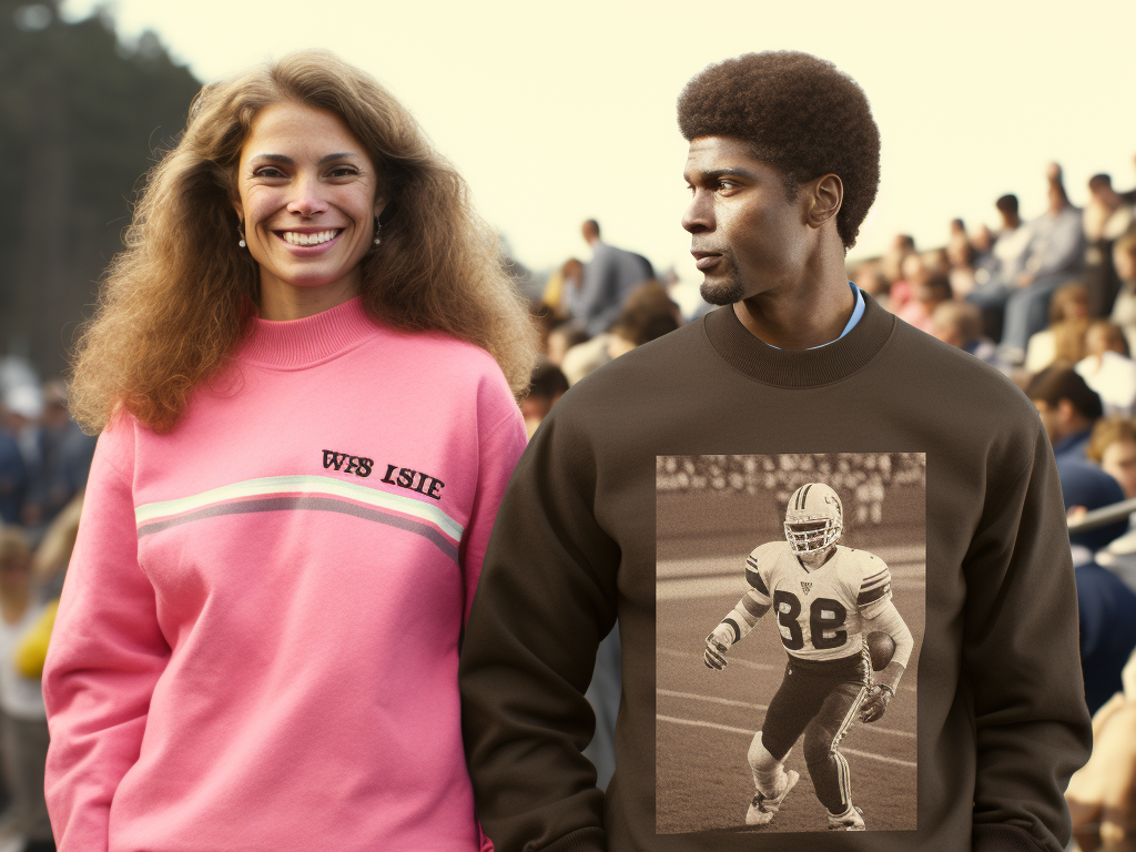 The image features a collage of individuals spanning various decades, all wearing classic pullover sweatshirts. On the left, a black and white photograph from the 1960s shows an athlete just off a track field, his sweatshirt bearing no logo, highlighting its practical use. Next to him, a colorful photo from the 1980s portrays a young woman sporting a pastel-colored sweatshirt, exuding a laid-back vibe with large headphones around her neck. On the far right, a modern-day fashion influencer is captured in a neutral-toned sweatshirt paired with trendy accessories, epitomizing the evolution of the pullover sweatshirt from athletic wear to a fashion statement. The collage paints a visual journey of the hooded sweatshirt's transition through time.