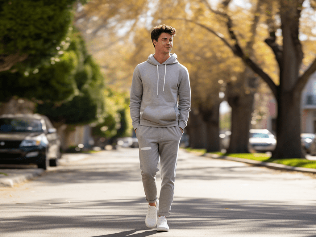 The image features a relaxed young man leisurely walking down a tree-lined street on a sunny day. He's donned in a heather gray classic sweatshirt and matching joggers, looking the epitome of casual cool. On his feet are a pair of crisp white sneakers, adding a touch of urban flair to the ensemble. Completing the outfit, he wears a backward-facing baseball cap, adding a playful element to his look. In the background, people can be seen going about their day, with a cafe and park benches giving the setting a casual, everyday ambiance. The entire scene exudes a laid-back, comfortable vibe, perfectly capturing the essence of casual occasions.