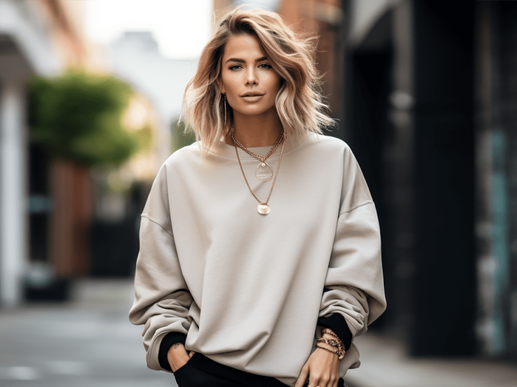 The image features a stylish outfit showcasing the oversized sweatshirt trend.