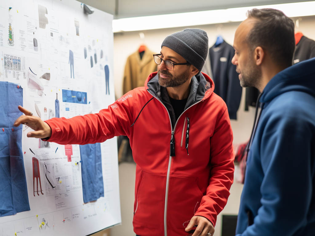 The image illustrates a scenario of effective communication between a custom hoodie manufacturer and a customer. In the image, a designer or representative from the manufacturer is engaged in a conversation with a customer.