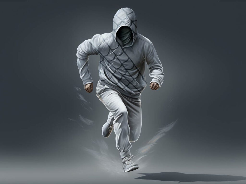 The image illustrates a scenario where an individual is wearing a hoodie made from a fabric with limited breathability. The person appears to be engaged in physical activity, such as running or jogging. However, due to the lack of breathability in the fabric, the individual is experiencing discomfort.