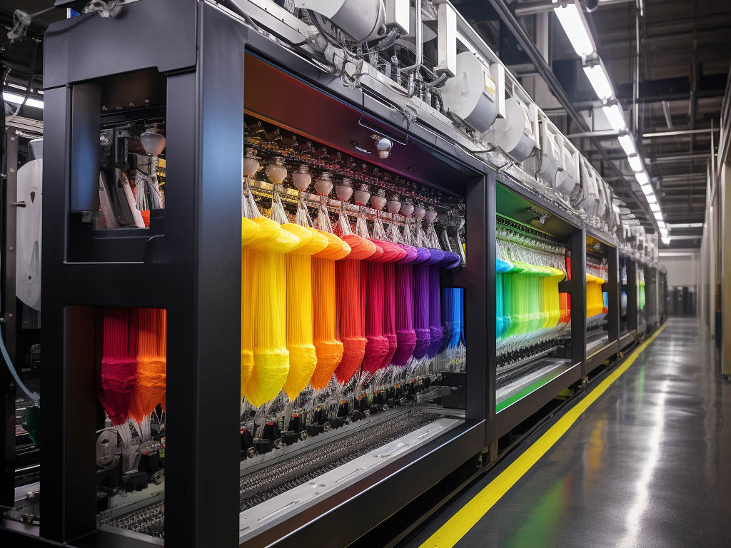 The image illustrates the advanced dyeing technology used in the production of Spider Hoodies, a premium clothing line. In a state-of-the-art dyeing facility, we see a complex network of machinery and equipment dedicated to the coloring process.