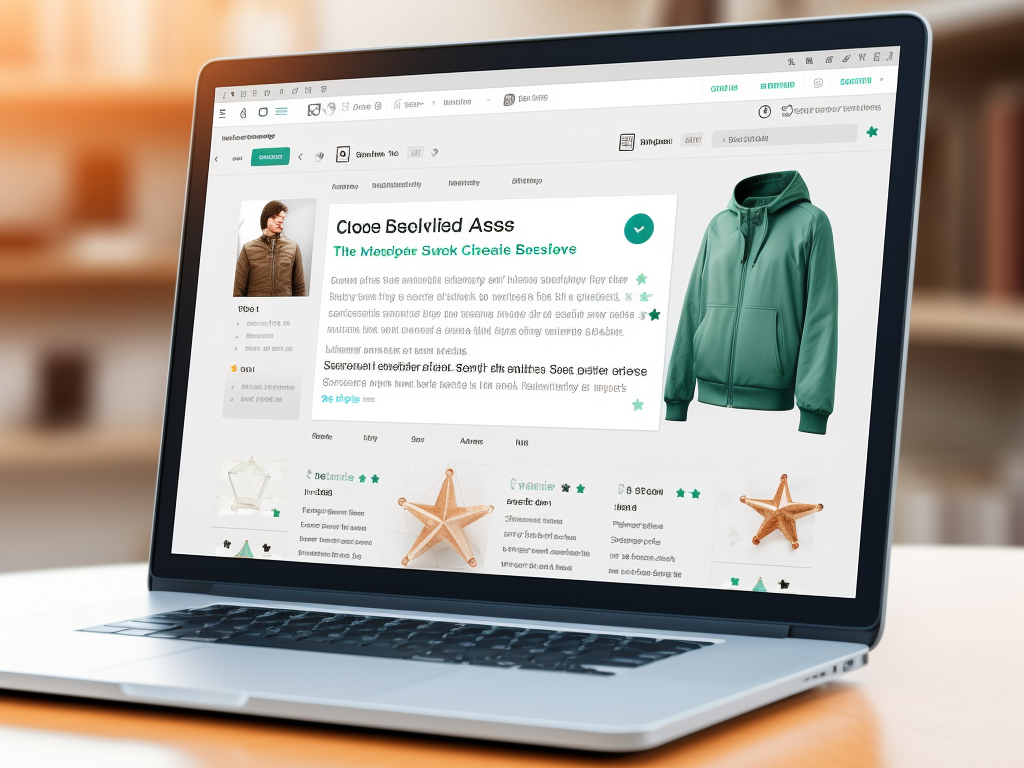 The image portrays a close-up of a computer screen displaying a product page for a printed hoodie. To the side of the product image, there's a dedicated section titled "Customer Reviews". Here, star ratings from 1 to 5 are visible, with many customers having left detailed feedback underneath. A magnifying glass hovers over one of the 5-star reviews, emphasizing the importance of reading and evaluating these comments when shopping online