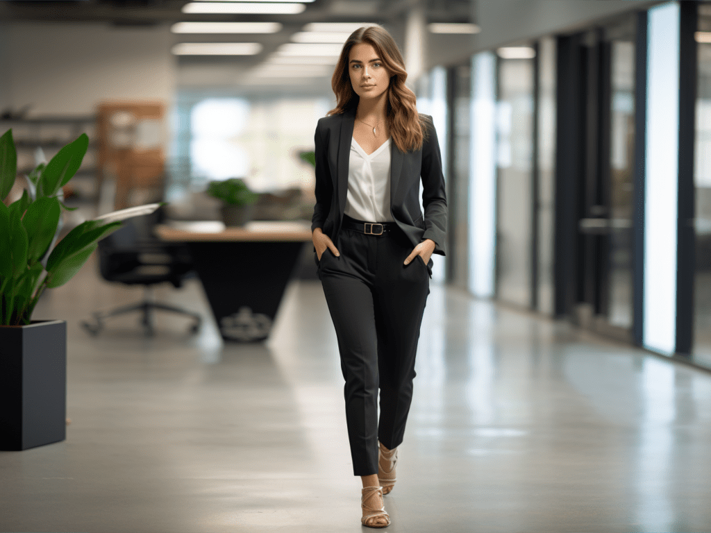 The image presents a confident young woman walking through a modern office corridor. She's gracefully wearing a charcoal-colored classic sweatshirt and matching joggers, but what elevates this ensemble is a sharp, tailored blazer draped over her shoulders. Her ankle boots, in a sleek black leather finish, give her a height boost and lend an air of sophistication to the outfit. Her hair is pulled back into a neat ponytail, and she carries a structured leather tote, perfect for work essentials. As she passes by her colleagues, there are subtle nods of appreciation for her unique take on business casual. The overall mood of the image conveys a fusion of comfort and professionalism, challenging the norms of traditional work attire.