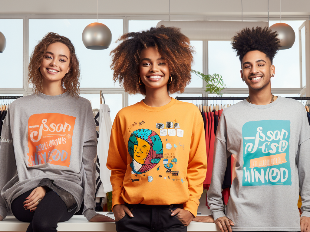 The image presents a montage of three browser windows, each highlighting a different online retailer's homepage. On the left, Amazon's window showcases a carousel of best-selling printed t-shirts. In the middle, ASOS displays a variety of trendy sweatshirts on models. To the right, Etsy's window features handcrafted and unique hoodies from individual sellers. The diverse selection from each platform emphasizes the vast range of printed apparel available online. 