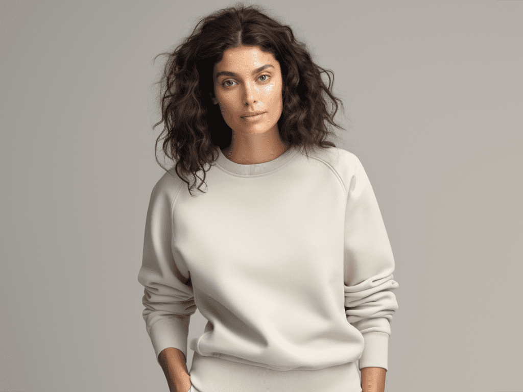 The image showcases a classic crewneck sweatshirt in a neutral color, paired with tailored pants and sneakers.