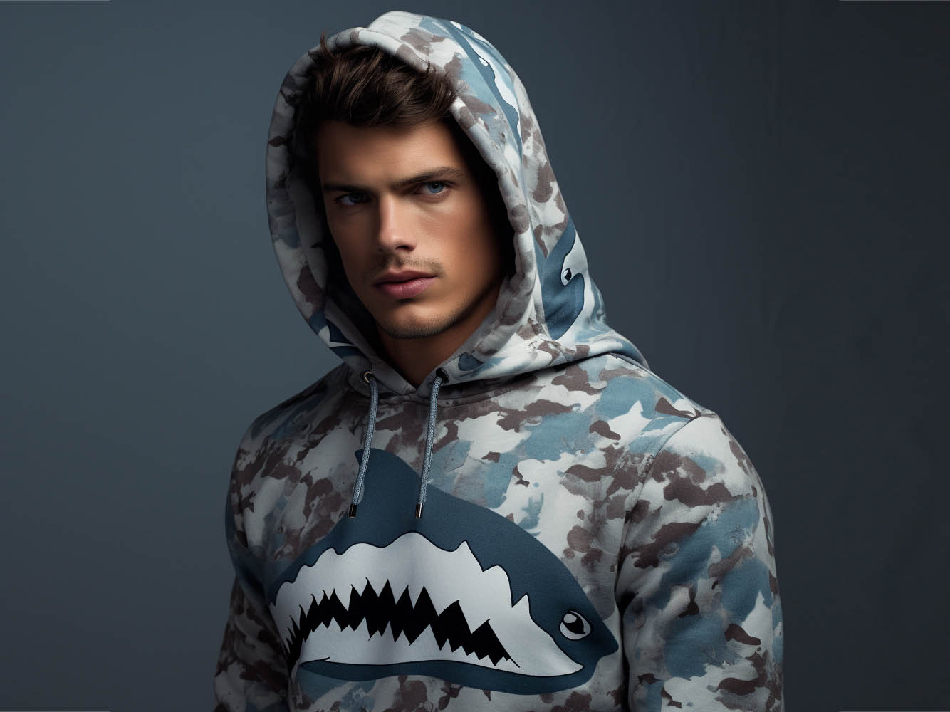 The image showcases a close-up view of a hoodie featuring the distinctive "Shark Camouflage" pattern.