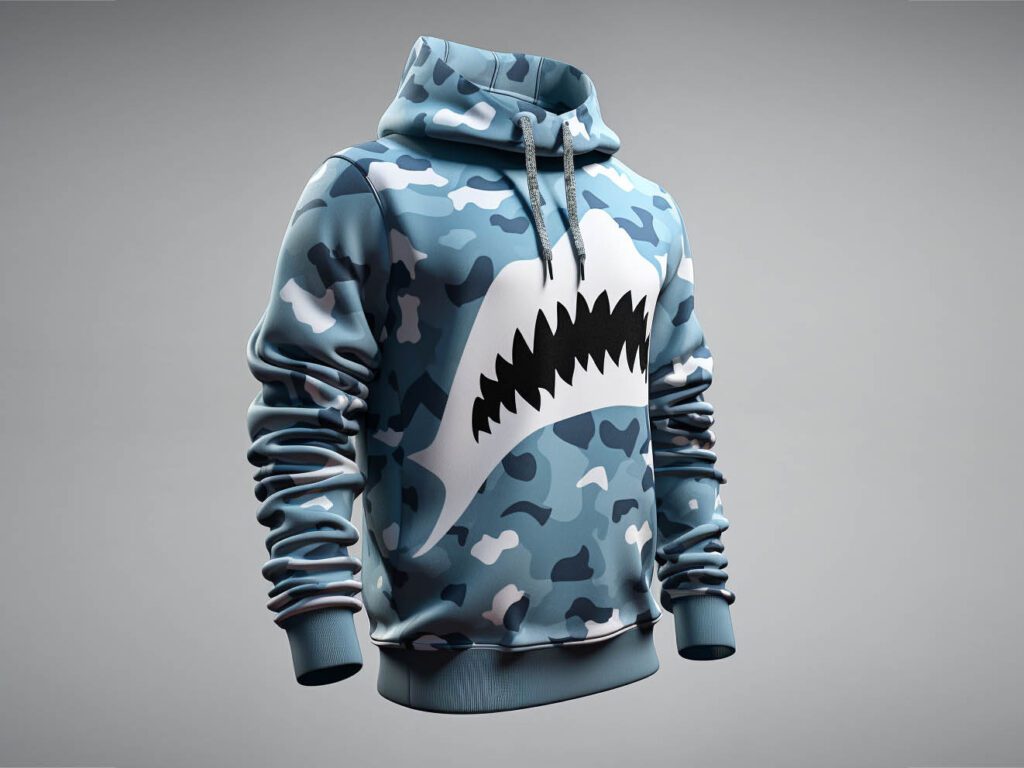 The image showcases a close-up view of a hoodie featuring the distinctive "Shark Camouflage" pattern.