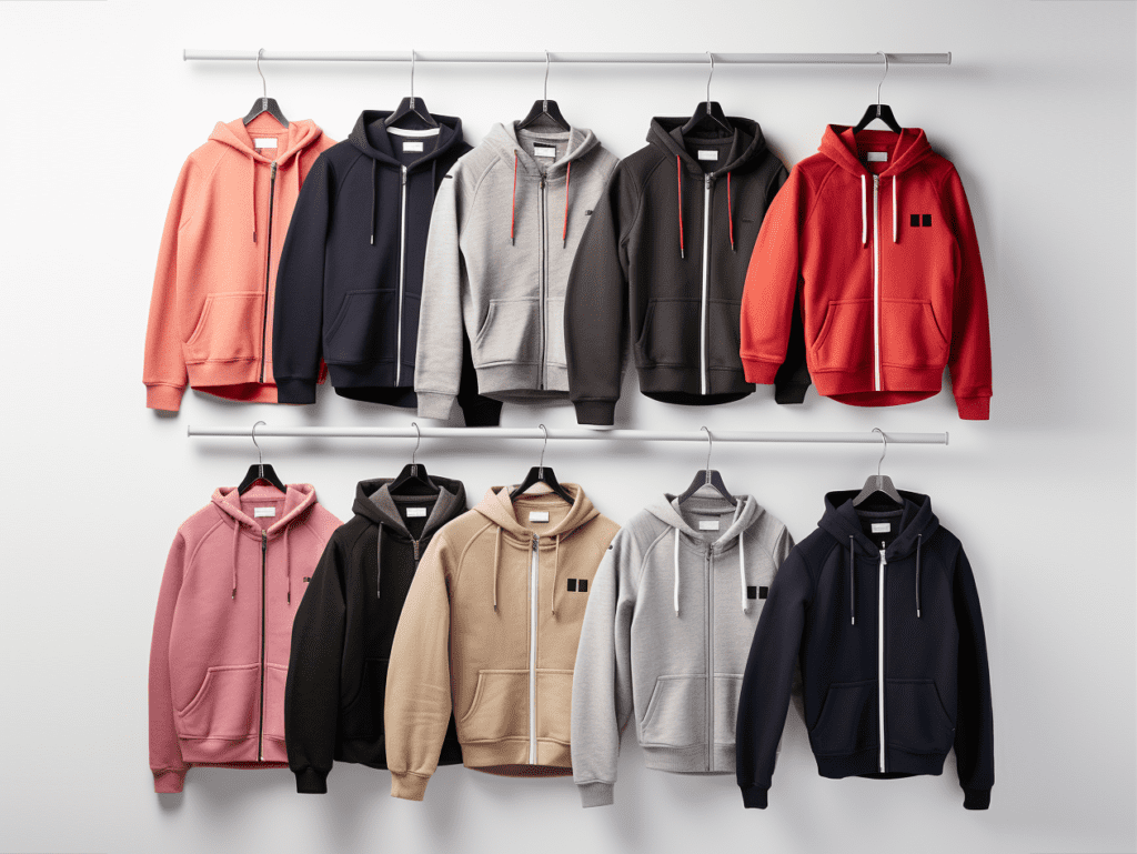 The image showcases a collection of hooded sweatshirts in various colors and styles, symbolizing the versatility and popularity of sweatshirts in contemporary fashion.
