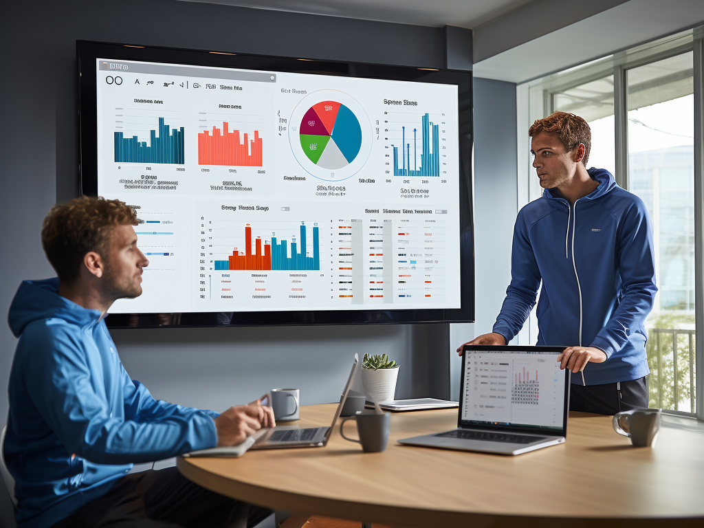 The image showcases a modern office setting with a large screen displaying bar graphs and pie charts related to hoodie sales. Beside the screen, a desk is scattered with various customer feedback forms, highlighted notes, and a couple of hoodie samples. Two individuals are in deep discussion, pointing towards specific data points on the screen, while another is skimming through feedback on a digital tablet. The ambiance reflects a sense of analysis and decision-making based on real-world customer insights.